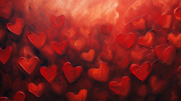 A painting of red hearts on a red background