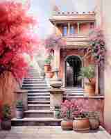 Photo painting of red house with steps and flowers