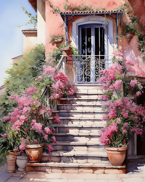 Photo painting of red house with steps and flowers