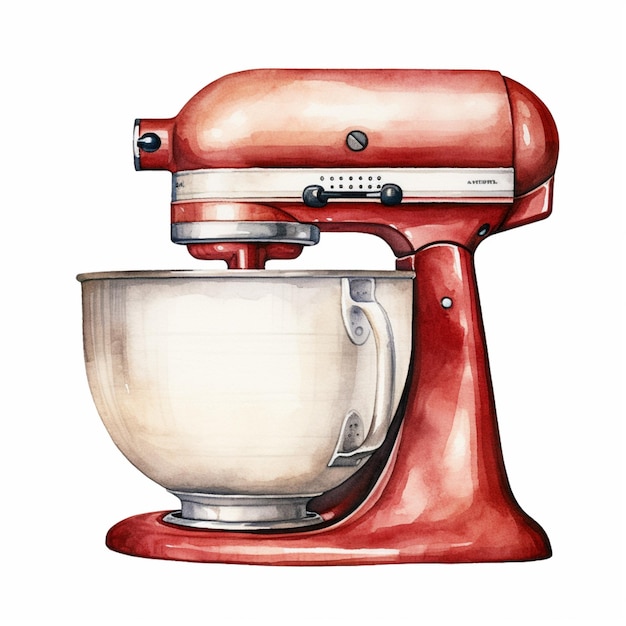 Photo painting of a red mixer with a white bowl and a red handle generative ai