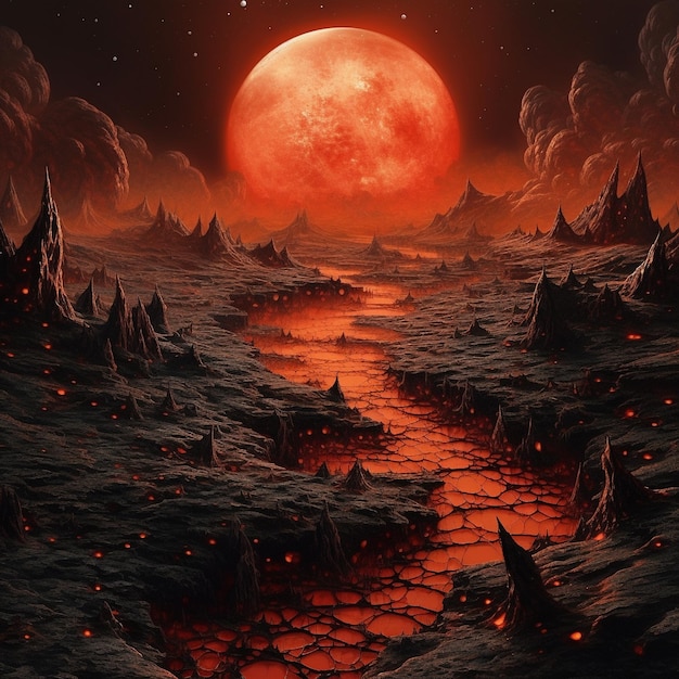 A painting of a red moon with a red moon in the background.