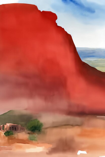 A Painting Of A Red Mountain In The Desert