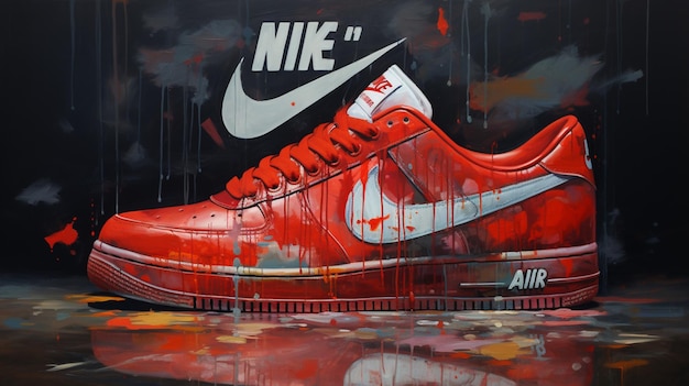 Photo a painting of a red nike shoe with the word nike ai generate