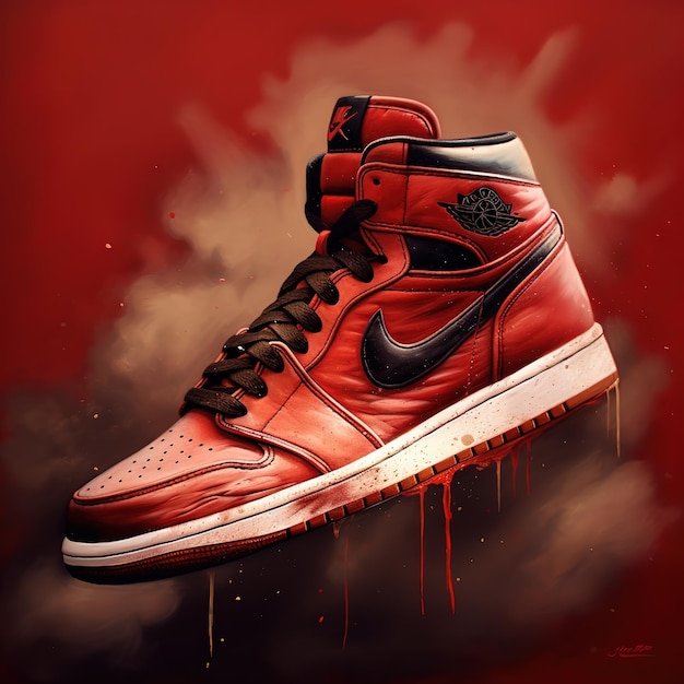 A painting of a red nike shoe with the word nike on it.