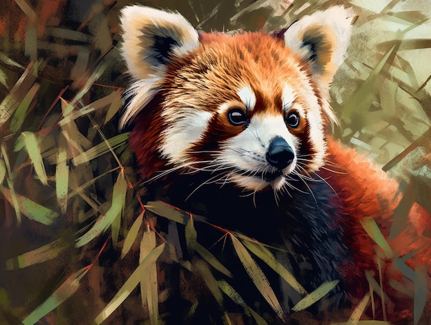 A painting of a red panda in a bamboo forest.