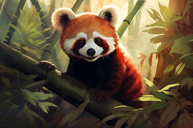 A painting of a red panda exploring a bamboo forest