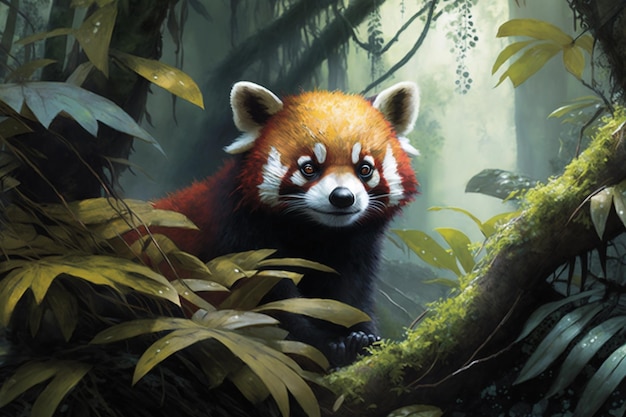 A painting of a red panda in a forest.