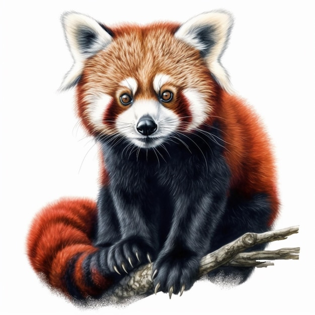 Photo painting of a red panda sitting on a branch with a white background generative ai