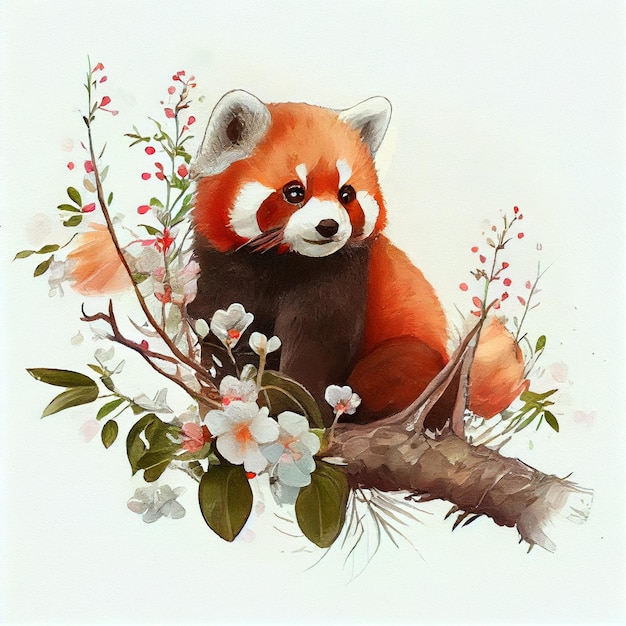 A painting of a red panda sitting on a branch.