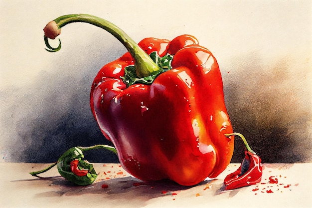A painting of a red pepper with a green pepper on it