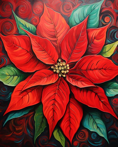 painting of a red poinsettia with green leaves on a black background generative ai