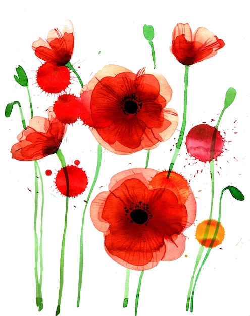 A painting of red poppies with green leaves and orange and red flowers.