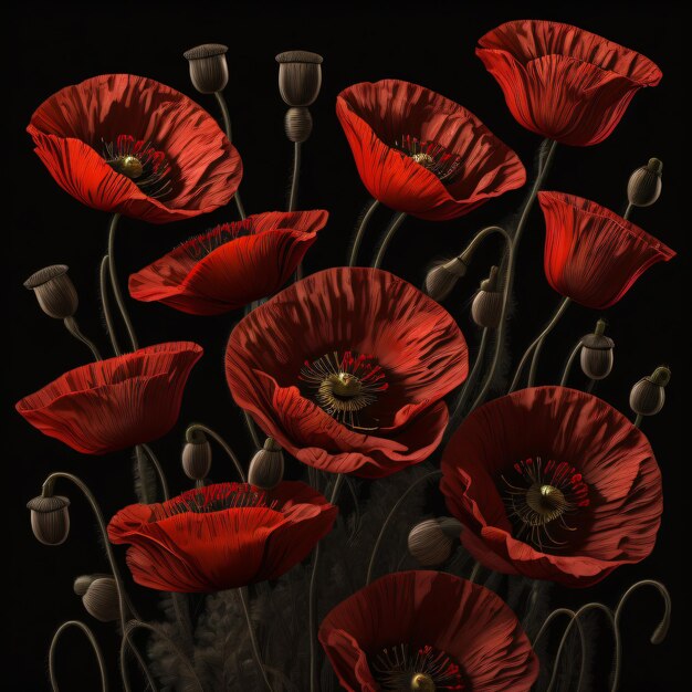 A painting of red poppies with the words " poppies " on it.