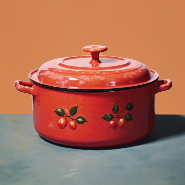 painting of a red pot with cherries on it on a table generative ai