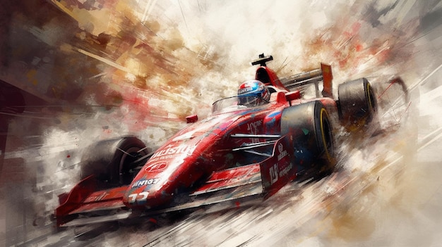 A painting of a red race car with the number 15 on the front.