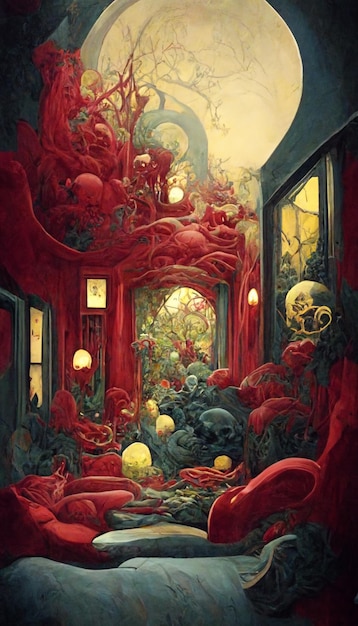 A painting of a red room with a window and a lamp on the wall.