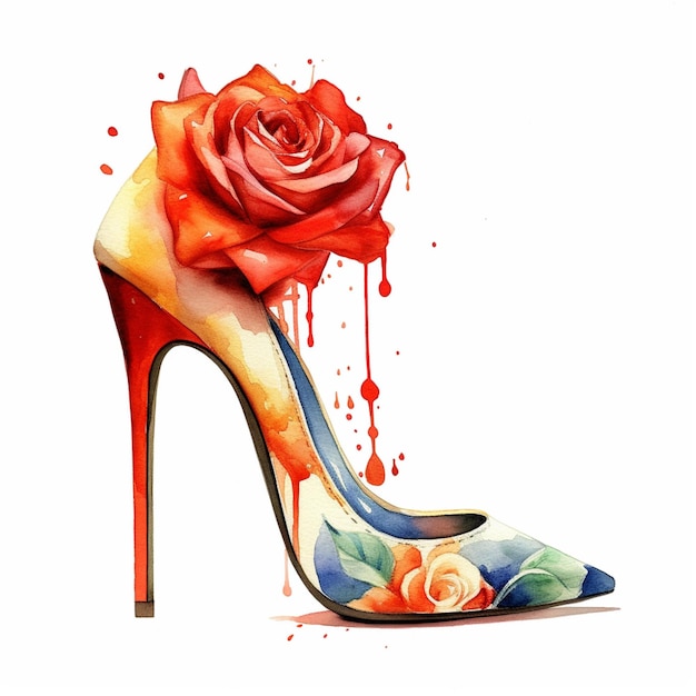 Painting of a red rose on a high heel shoe with blood dripping down the side generative ai