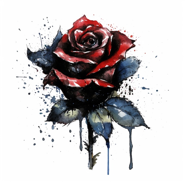 A painting of a red rose with blue leaves and the word roses on it.