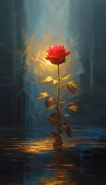 A painting of a red rose with a gold leaf on it.