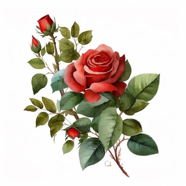 A painting of a red rose with green leaves and a red rose.