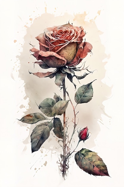 A painting of a red rose with a leaf on it.