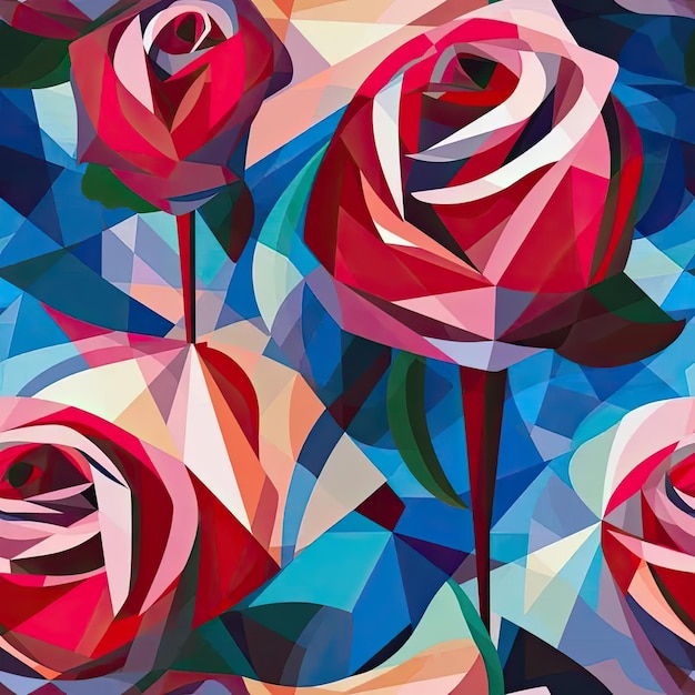 A painting of red roses on a blue background