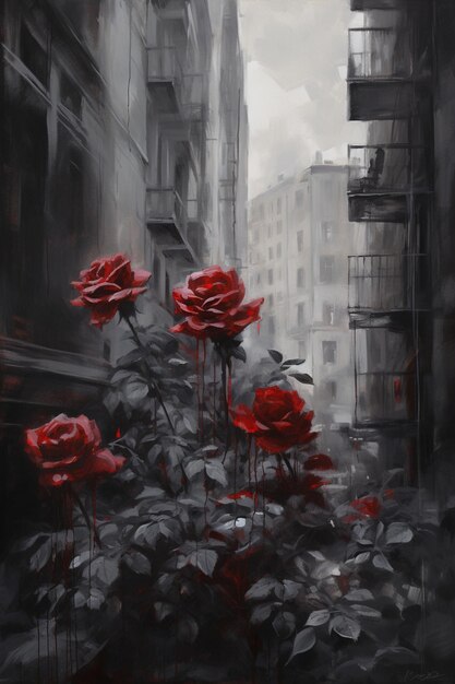 A painting of red roses in a dark alley.