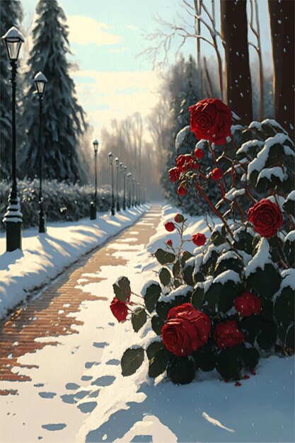 Painting of red roses in the snow generative ai