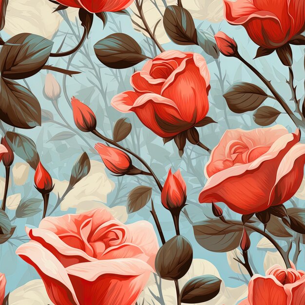 a painting of red roses with a blue background