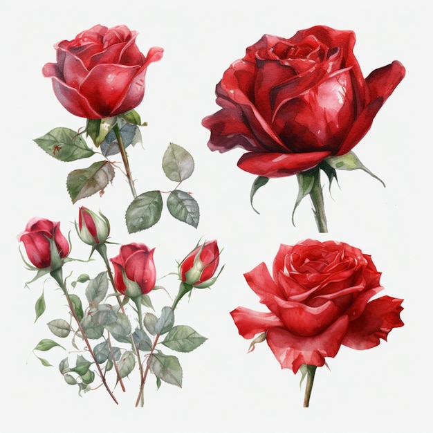 A painting of red roses with green leaves and one of them has a green stem.