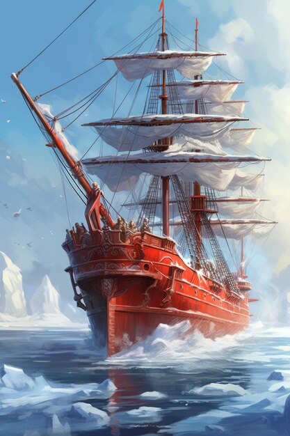 The painting of the red ship is in the water