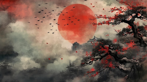 A painting of a red sun and a tree with birds in the foreground