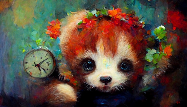 Painting of a red teddy bear with a clock in its mouth generative ai