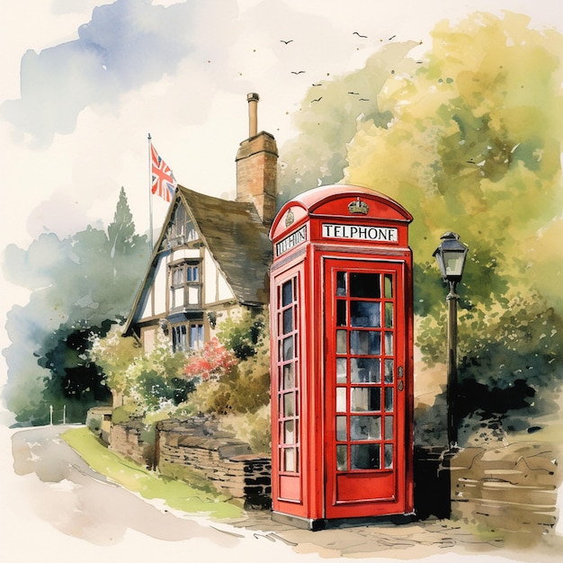 A painting of a red telephone box by the english school