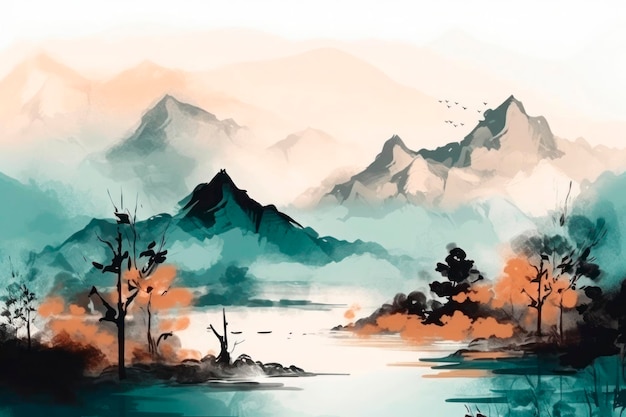 Painting of red trees and a river in the style of traditional Chinese landscape