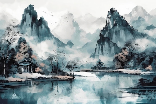 Painting of red trees and a river in the style of traditional Chinese landscape