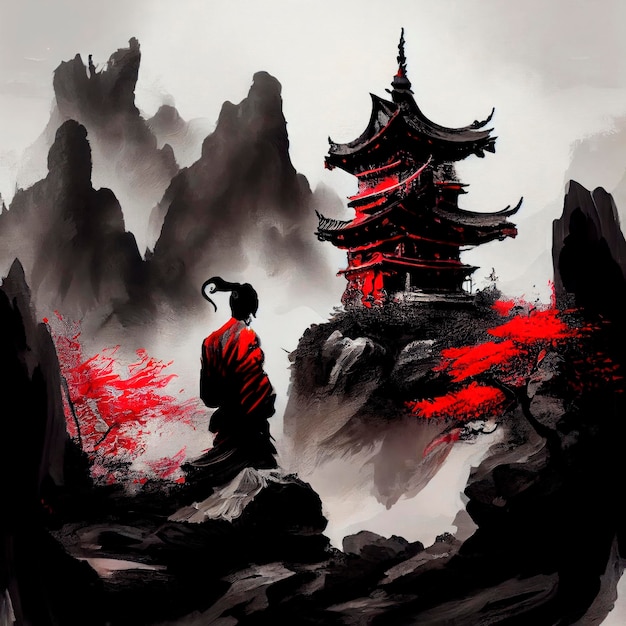 Картина красных деревьев и реки в стиле традиционного китайского пейзажа