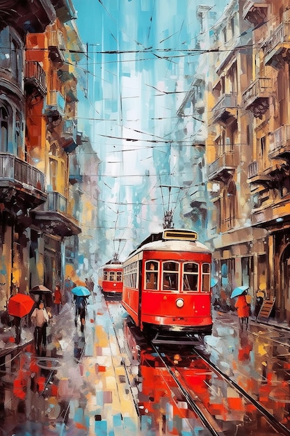 A painting of a red trolley on a city street generative ai image