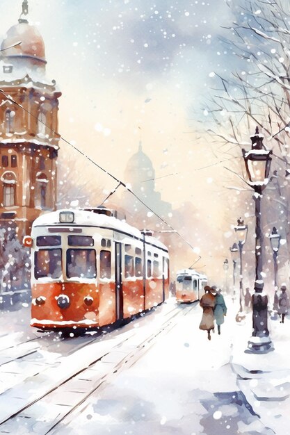 Photo painting of a red trolley on a snowy street with people walking generative ai