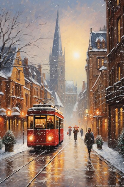 Painting of a red trolley on a snowy street with people walking generative ai