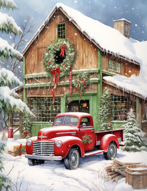 Painting of a red truck parked in front of a house with a wreath on the front generative ai