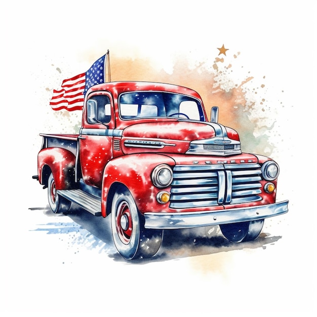 Painting of a red truck with an american flag on the back generative ai