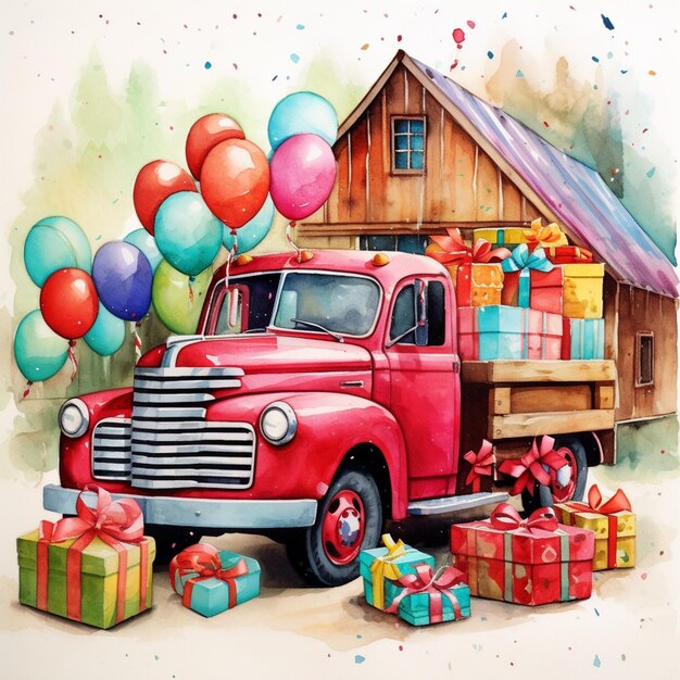 Painting of a red truck with balloons and presents in front of a barn generative ai