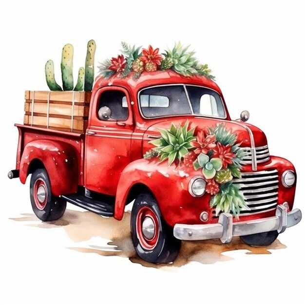 painting of a red truck with a cactus plant and a cactus plant in the bed generative ai