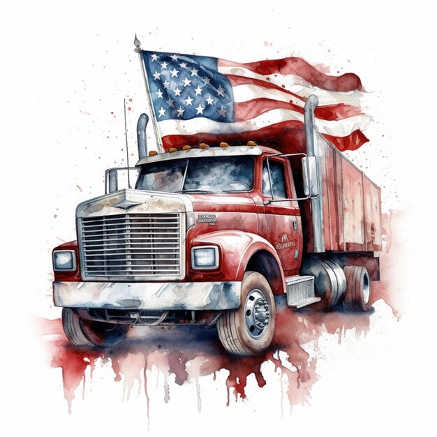 Painting of a red truck with a flag on the back generative ai