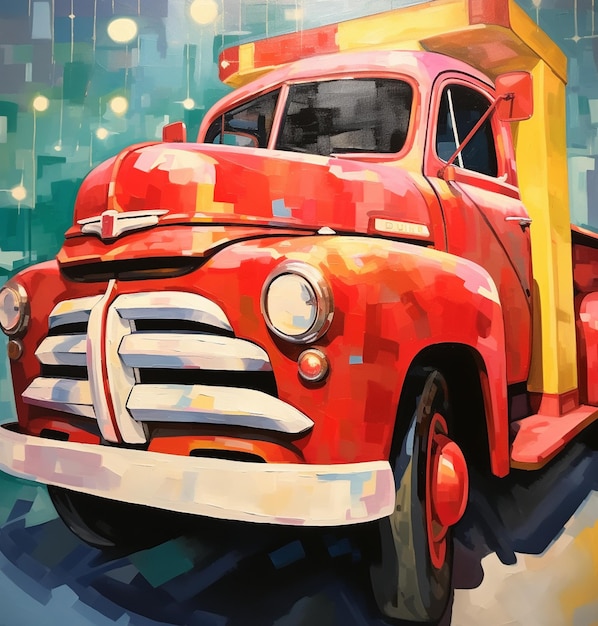 a painting of a red truck with a yellow door.