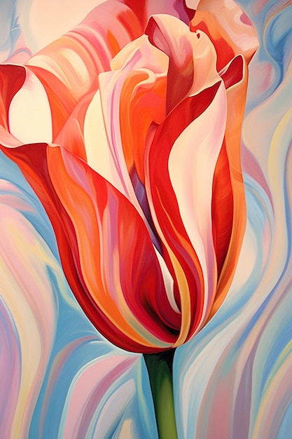 painting of a red and white flower with a swirly background generative ai