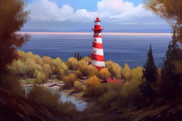 A painting of a red and white lighthouse on a small island generative ai image