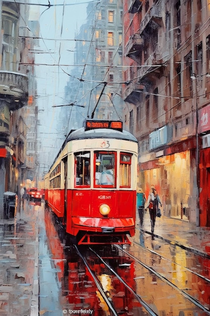 A painting of a red and white trolley on a city street generative ai image