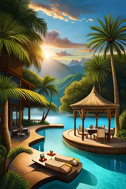 A painting of a resort with a gazebo and a view of the mountains.